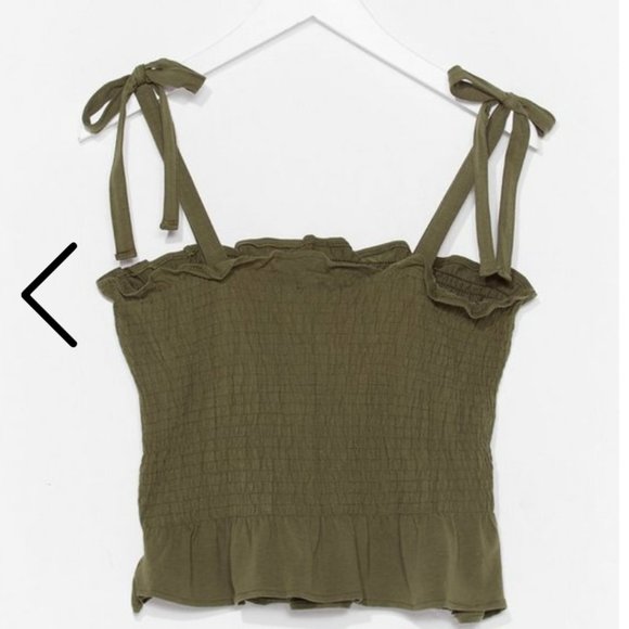 Olive Green Smocked Tie Shoulder Cropped Tank NWT - Picture 1 of 2
